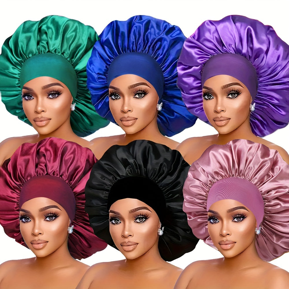 6-Pack Satin Bonnet Sleep Caps for Women - Elastic Wide Band Silky Hair Bonnets for Sleeping, Leisure, Sports - 100% Polyester Hair Protection Shower Cap Set for Curly & Straight Hair